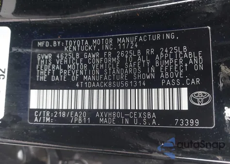 2025 Toyota Camry Se from USA, damaged, VIN 4T1DAACK8SU561314